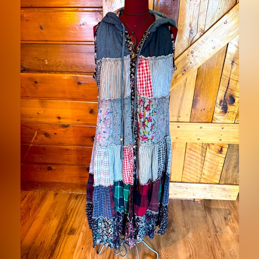Boho Patchwork Maxi Dress - Multicolor Hooded Vest